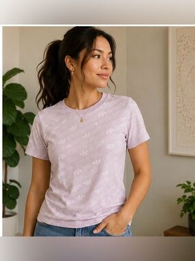 Adidas Originals All Over Trefoil Logo Tee Women’s Small Pink Graphic T-Shirt
